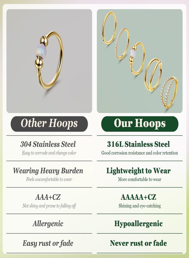 LOREMOW 5PCS 18G Clicker Nose Ring Hoops for Women Men Hinged Double Cartilage Nose Hoop Surgical Steel Tragus Helix Rook Opal CZ Septum Lip Ring Hoop Earrings Nose Piercing Jewelry Gold 8MM - Image 4